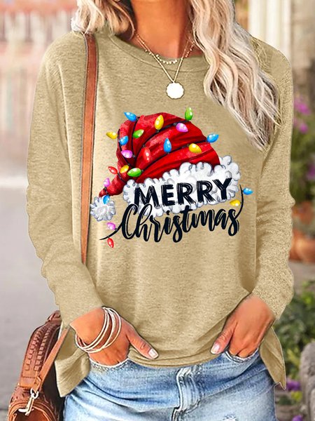 

Women Funny Santa Hat Simple Long sleeve Top, Khaki, Long sleeves