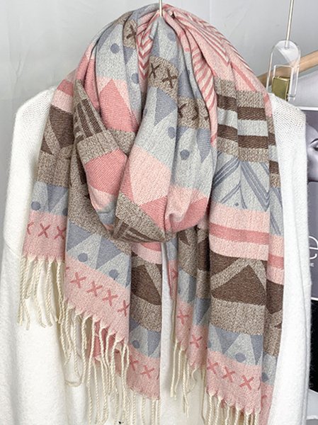 

Ethnic Vintage Shawl Roman Stripe Pattern Fringe Scarf, Pink, Women Scarves & Shawls