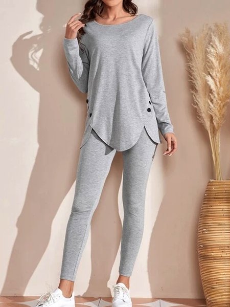 

Plain irregular button T-shirt elastic waist Leggings set, Gray, Suit Set