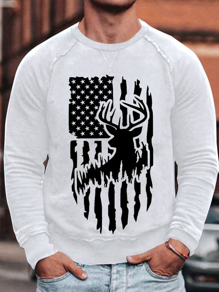 

Men's Flag Elk Print Casual Christmas Crew Neck Sweatshirt, White, Hoodies&Sweatshirts