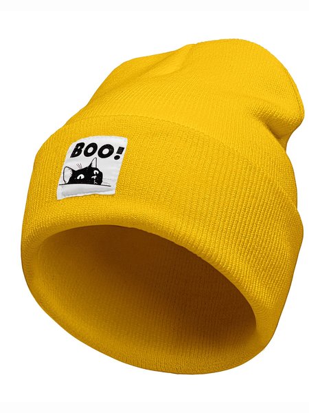 

Boo Cute Black Cat Animal Graphic Beanie Hat, Yellow, Hats