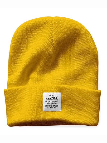 

I'm Not Clumsy Just The Floor Hates Me Funny Text Letter Beanie Hat, Yellow, Hats