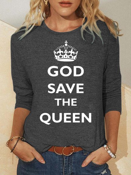 

Women God Save The Queen Crew Neck Tops, Gray, Long sleeves