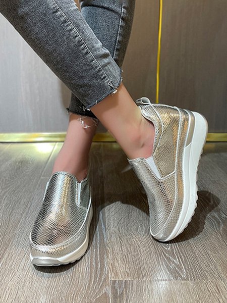 

Glossy Slip-on Slip-on Inner Heightening Platform Wedge Sneakers, Silver, Sneakers