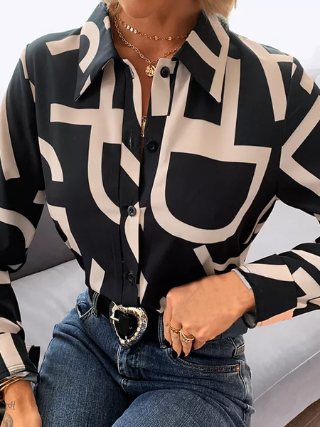 

Loose Text Letters Urban Shirt Collar Long sleeve Blouse, Black, Blouses and Shirts