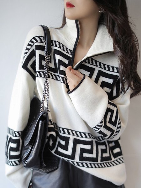 

Daily Long sleeve Half Open Collar Urban Sweater, White, Pullovers