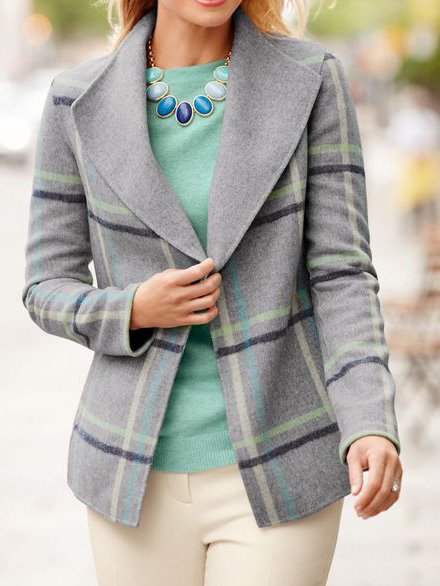 

Shawl Collar Plaid Loose Blazer, Gray, Outerwear