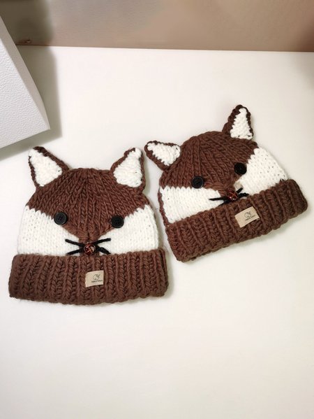

Casual Knitted Fox Animal Hats Adult Kids Family Holiday Party Matching Decorations, Coffee, Women Hats