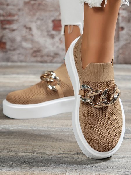 

Hollow Breathable Flyknit Solid Color Metal Chain Round Toe Platform Shoes, Khaki, Creepers & Wedges