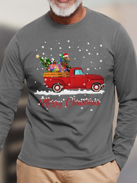 

Men Christmas Tree Horse Snow Truck Casual Cotton Top, Gray, Long Sleeves