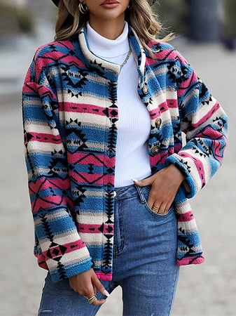 

Ethnic Cotton-Blend Color Block Teddy Jacket, Multicolor, Jackets
