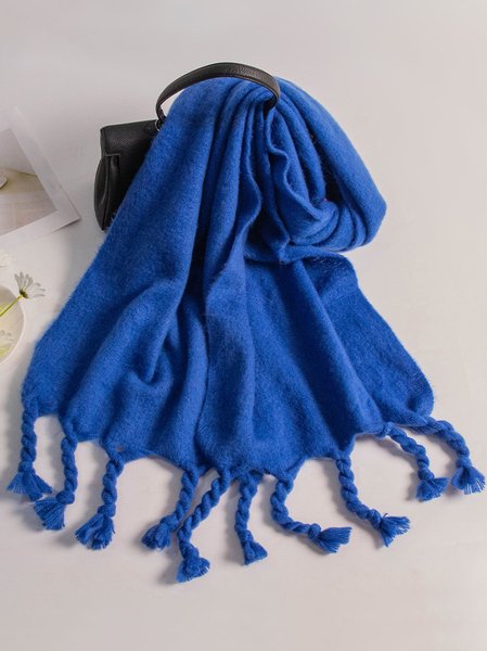 

Solid Color Wool Knitted Twisted Fringe Thick Braided Scarf, Blue, Women Scarves & Shawls