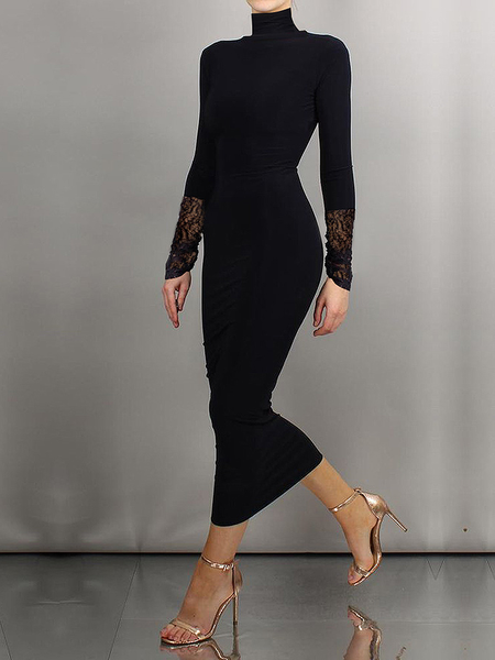 

Tight High Elasticity Turtleneck Long sleeve Plain Long Dress, Black, Maxi Dresses