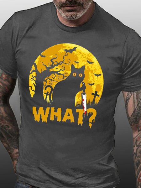 Men's Halloween Black Cat What Funny Cotton Casual T-Shirt, Deep gray, T-shirts