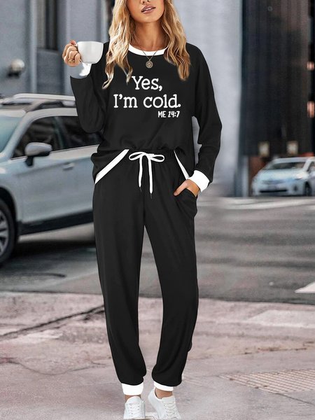 

Loose Crew Neck Casual Text Letters Two Piece Sets, Black, Suit Set