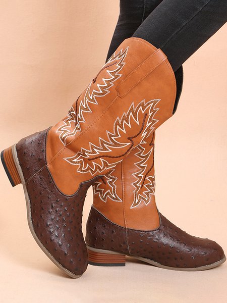 

Vintage Sleeve Embroidered Mid-Boot Cowboy Boots, Deep brown, Boots