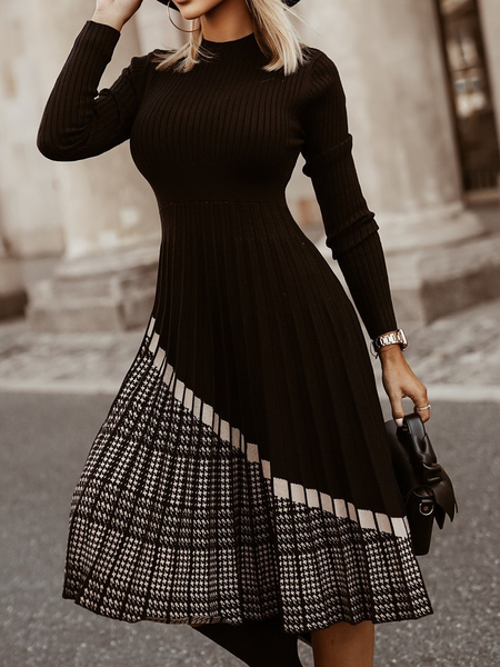 

High Elasticity Regular Fit Elegant Stand Collar Long sleeve Dress, Black, Midi Dresses