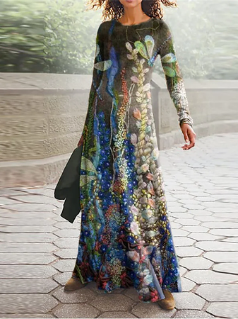 

Cotton-Blend Crew Neck Leaf Dresses, Multicolor, Dresses