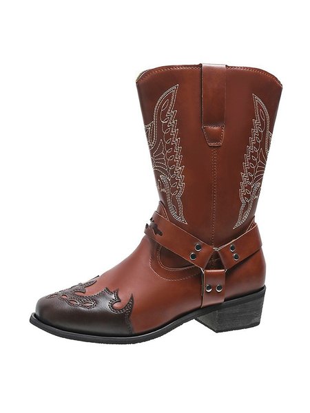 

Vintage Pointed Toe Boots Sleeve Embroidered Low Heel Mid Boots Rider Boots, Light brown, Boots