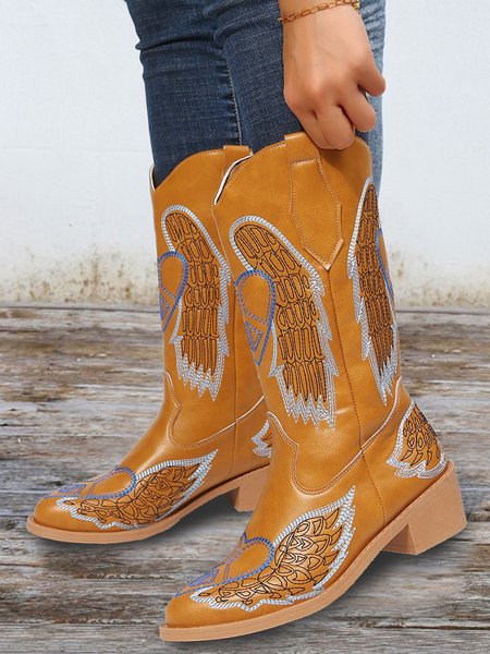 

Vintage Embroidered Pointed-Toe Sleeve Cowboy Boots, Orange, Boots