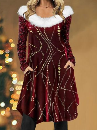 

Holiday Crew Neck Casual Dresses, Wine red, Mini Dresses