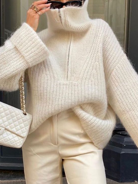 

Loose High Elasticity Plain Stand Collar Long sleeve Sweater, Apricot, Pullovers
