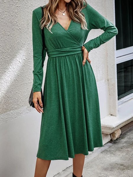

Plain V-neck elastic waist loose midi Dress Plus Size, Green, Dresses