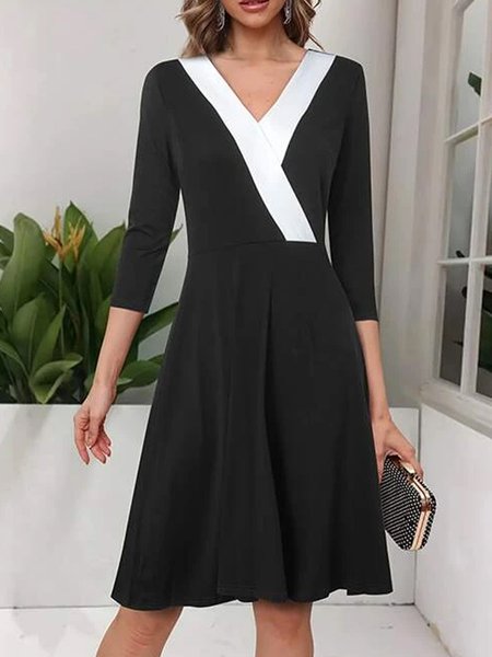 

Plain black and white stitched color block Zipper midi Dress Plus Size, Black-white, Mini Dresses