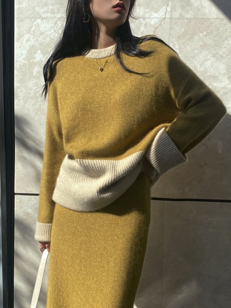 

Color Block Daily Long sleeve Crew Neck Simple Sweater, Yellow, Pullovers