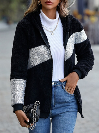 

Glitter Zipper Hoodie Teddy Patchwork Jacket, Black, Outerwear