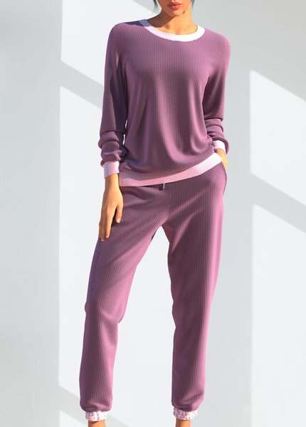 

Casual Plain Waffle Crew Neck Loose Top & Pants Two-Piece Set, Fuchsia, Suit Set
