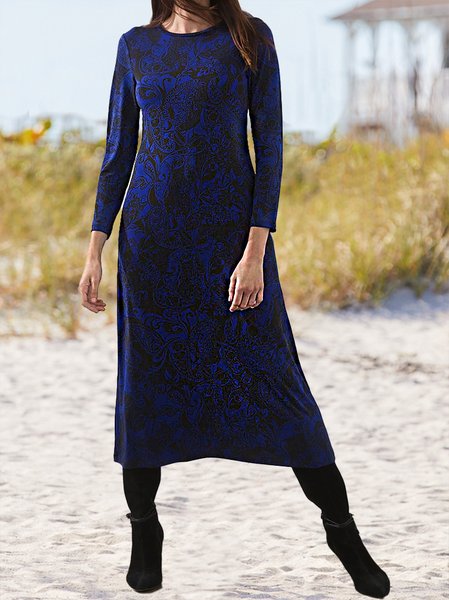 

Ethnic Cotton-Blend Crew Neck Dress, Blue, Midi Dresses
