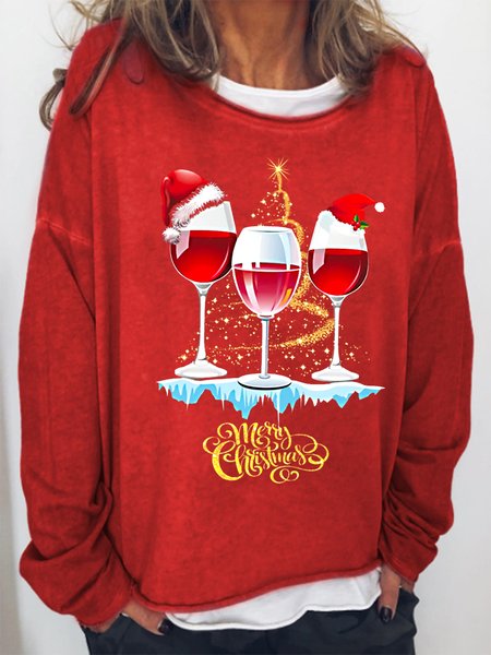 

Women Funny Wine Simple Christmas Crew Neck Loose Sweatshirts, Red, Hoodies&Sweatshirts