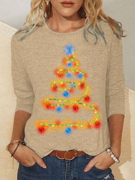 

Womens Christmas Tree Lighet Crew Neck Casual Tops, Apricot, Long sleeves