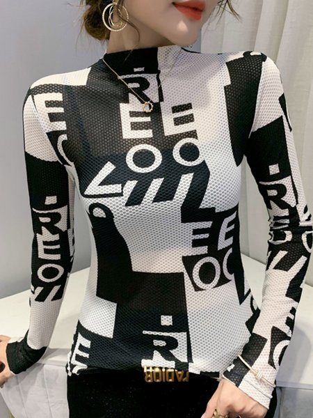 

Long sleeve Simple Half Turtleneck Text Letters T-Shirt, White, Tees