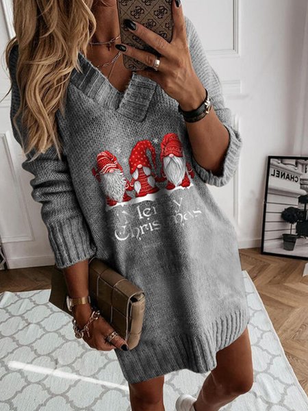 

Christmas Yarn/Wool Yarn Casual V Neck Dresses, Gray, Dresses