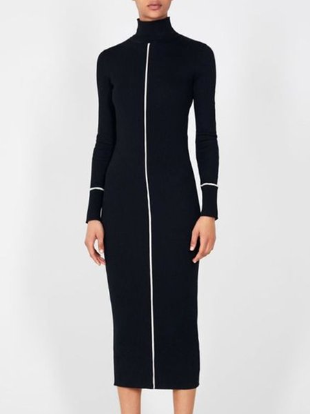 

Long sleeve Color Block Regular Fit Turtleneck Dress, Black, Midi Dresses