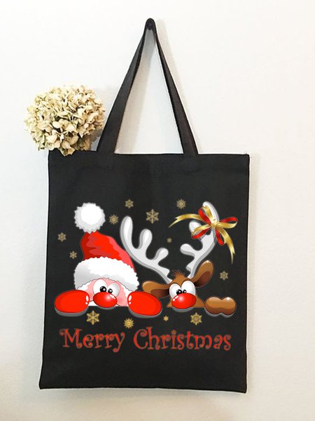 

Merry Christmas Santa & Reindeer Graphic Shopping Tote, Black, Bags