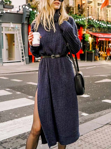 

Turtleneck Regular Fit Wool/Knitting Dresses, Purplish blue, Midi Dresses