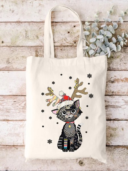 

Cat Christmas Hat Shopping Tote, White, Bags