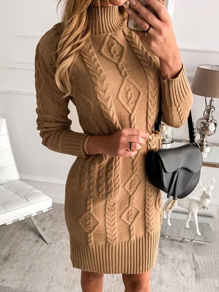 

Plain Daily Long sleeve Elegant Turtleneck Dress, Brown, Mini Dresses