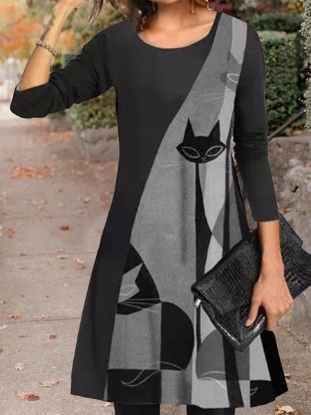 

Casual Crew Neck Color Block Abstract Design Dresses, Black, Mini Dresses