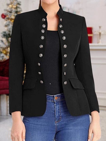 

Black Long Sleeve Shift Buttoned Solid Jacket, Blazers
