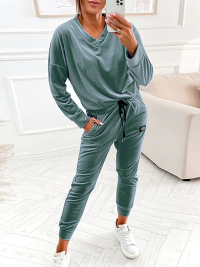 

Velvet Long sleeve Loose Two Piece Sets, Green, Suit Set