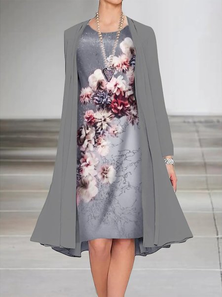 

Elegant Floral Loose Urban Two Piece Sets, Gray, Suit Set