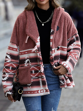 

Ethnic Color Block Cotton-Blend Loose Hoodie Teddy Jacket, Coffee, Outerwear