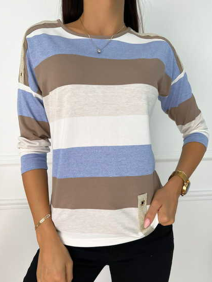 

Casual Color Stripe Round Neck Loose T-shirt, Blue, T-Shirts