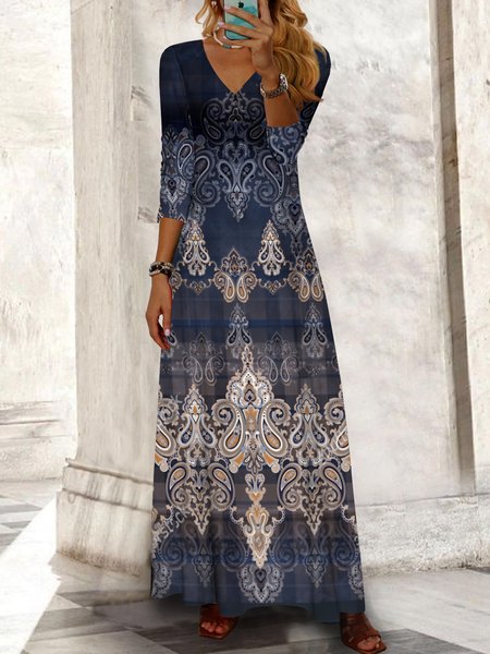 

V-neck Paisley Boho long Dress, Blue, Dresses