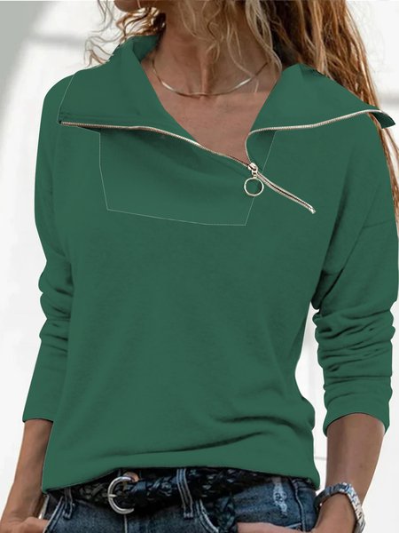 

Plain zipper Lapel Pullover Top plus size, Green, Tops