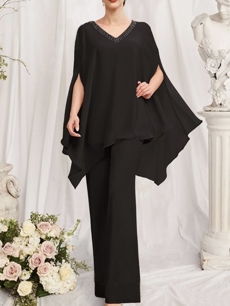 

Chiffon V Neck Loose Two Piece Sets, Black, Suit Set